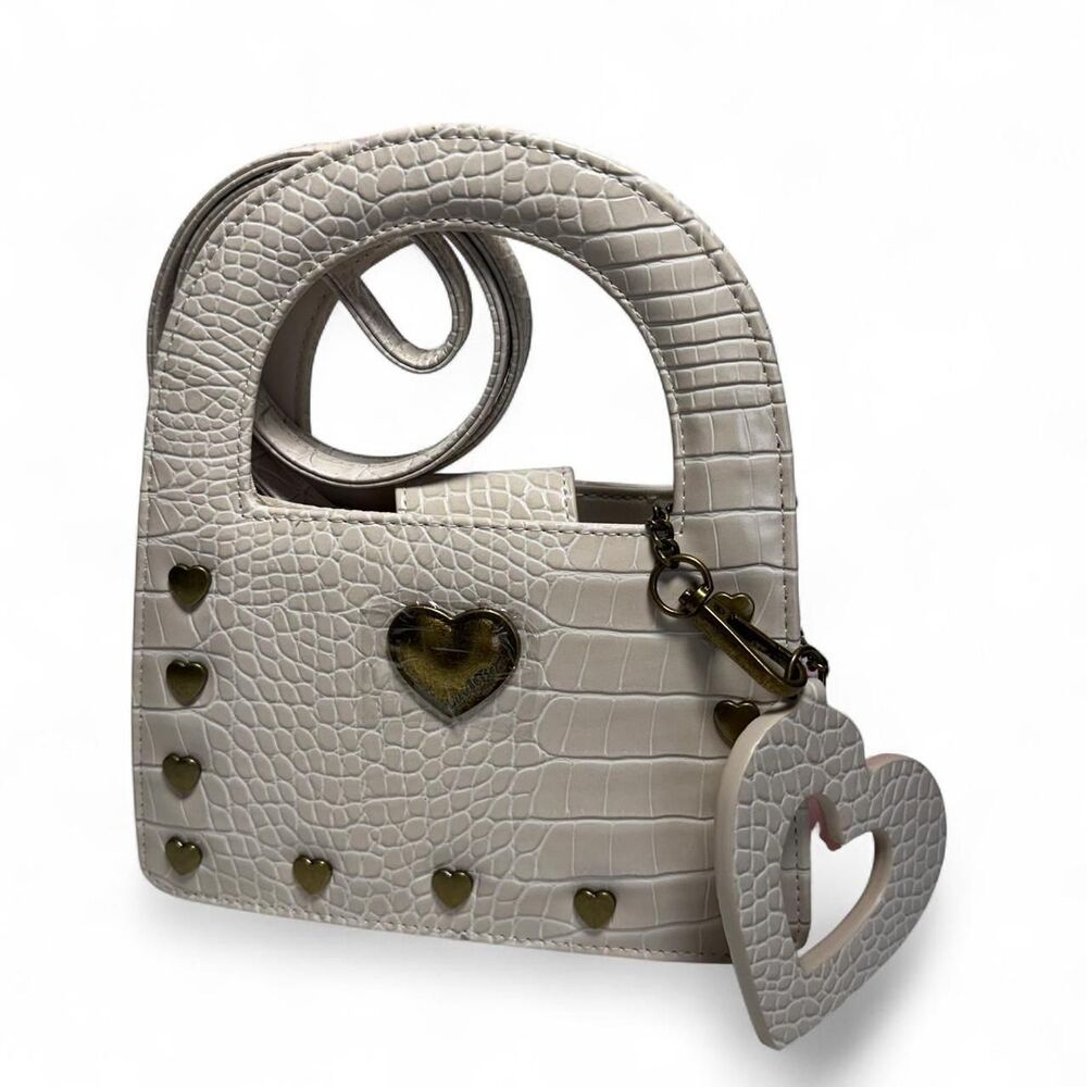 Luv Betsey Johnson Croc Embossed Cream Faux Leather Handbag Studded Hearts